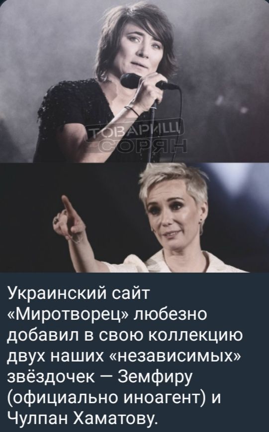 Украинский сайт «Миротворец» любезно добавил в свою коллекцию двух наших «независимых» звёздочек — Земфиру (официально иноагент) и Чулпан Хаматову.