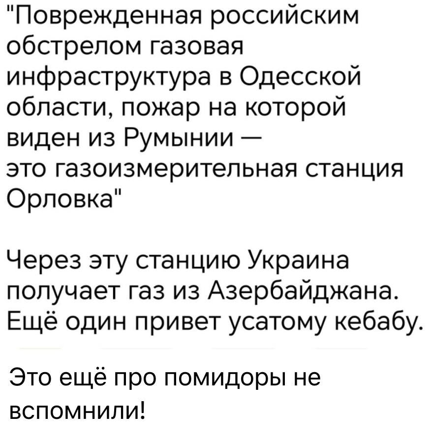 Поврежденная российским обстрелом газовая инфраструктура в Одесской области, пожар на которой виден из Румынии — это газоизмерительная станция Орловка

Через эту станцию Украина получает газ из Азербайджана. Ещё один привет усатому кебабу.

Это ещё про помидоры не вспомнили!