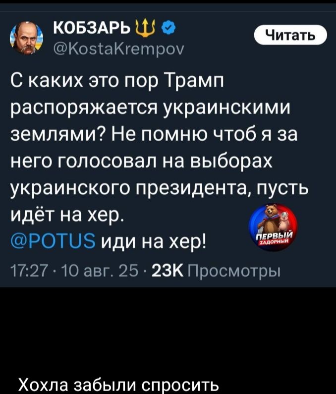 С каких это пор Трамп распоряжается украинскими землями? Не помню чтоб я за него голосовал на выборах украинского президента, пусть идёт на хер. @POTUS иди на хер!
17:27 10 авг. 25 23K Просмотры