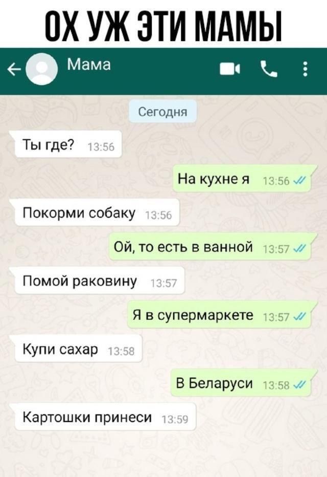 Ты где?
На кухне я
Покорми собаку
Ой, то есть в ванной
Помой раковину
Я в супермаркете
Купи сахар
В Беларуси
Картошки принеси