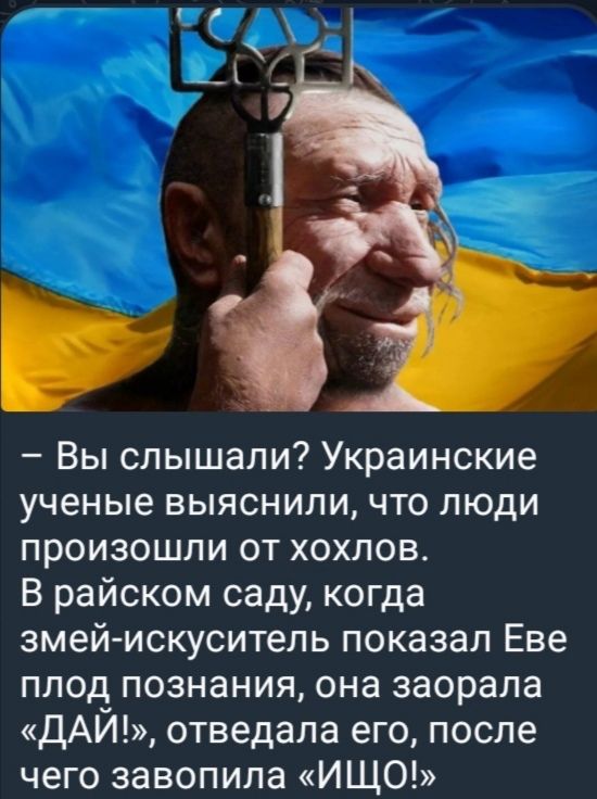 – Вы слышали? Украинские учёные выяснили, что люди произошли от хохлов. В райском саду, когда змей-искуситель показал Еве плод познания, она заорала «ДАЙ!», ответила его, после чего завопила «ИЩО!»