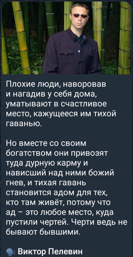 Плохие люди, наворовав и нагадив у себя дома, умытывают в счастливое место, кажущееся им тихой гаванью.

Но вместе со своим богатством они привозят туда дурную карму и нависший над ними божий гнев, и тихая гавань становится адом для тех, кто там живёт, потому что ад – это любое место, куда пустили чертей. Черти ведь не бывают бывшими.

Виктор Пелевин