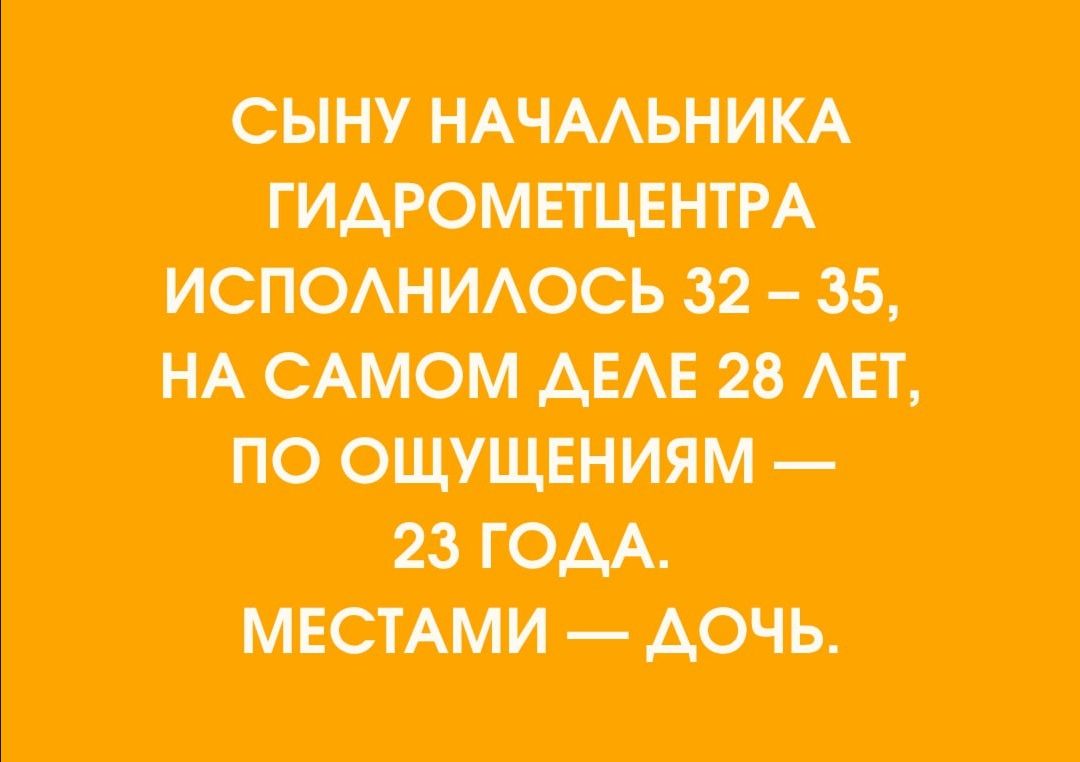 СЫНУ НАЧАЛЬНИКА ГИДРОМЕТЦЕНТРА ИСПОЛНИЛОСЬ 32 – 35, НА САМОМ ДЕЛЕ 28 ЛЕТ, ПО ОЩУЩЕНИЯМ — 23 ГОДА. МЕСТАМИ — ДОЧЬ.