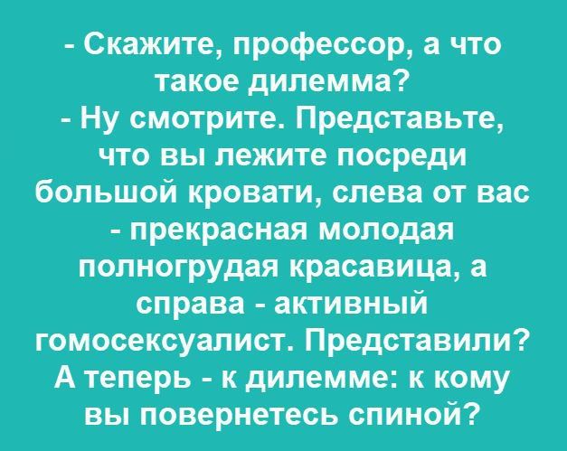 - Скажите, профессор, а что такое дилемма?
- Ну смотрите. Представьте, что вы лежите посреди большой кровати, слева от вас - прекрасная молодая полногрудая красавица, а справа - активный гомосексуалист. Представили? А теперь - к дилемме: к кому вы повернетесь спиной?