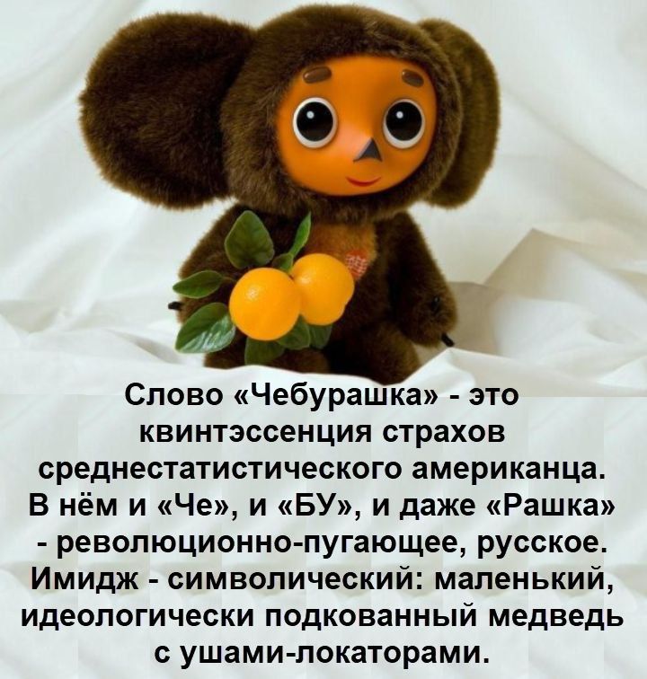 Слово «Чебурашка» - это квинтэссенция страхов среднестатистического американца. В нём и «Че», и «БУ», и даже «Рашка» - революционно-пугающее, русское. Имидж - символический: маленький, идеологически подкованный медведь с ушами-локаторами.