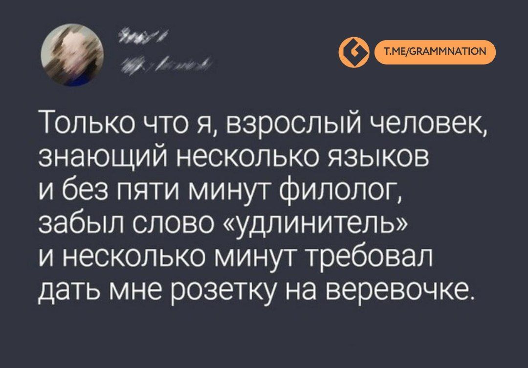 Только что я, взрослый человек, знающий несколько языков и без пяти минут филолог, забыл слово «удлинитель» и несколько минут требовал дать мне розетку на веревочке.