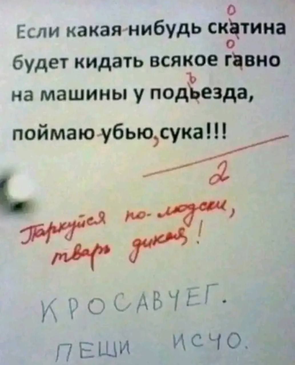 Если какая-нибудь скотина будет кидать всякое говно на машины у подъезда, поймаю убью, сука!!!
Паркуйся по-людски, тварь дикая!
КРОСАВЧЕГ.
ПЕШИ ИСЧО.