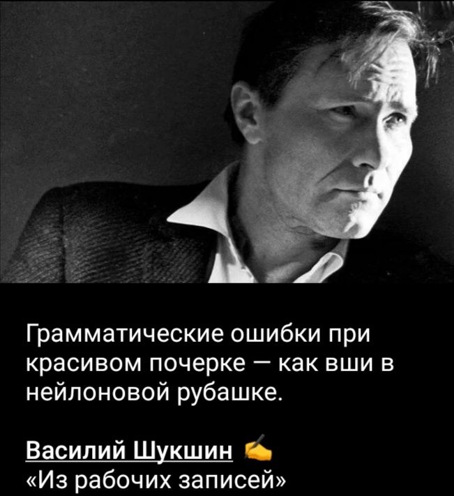 Грамматические ошибки при красивом почерке — как вши в нейлоновой рубашке.

Василий Шукшин
«Из рабочих записей»