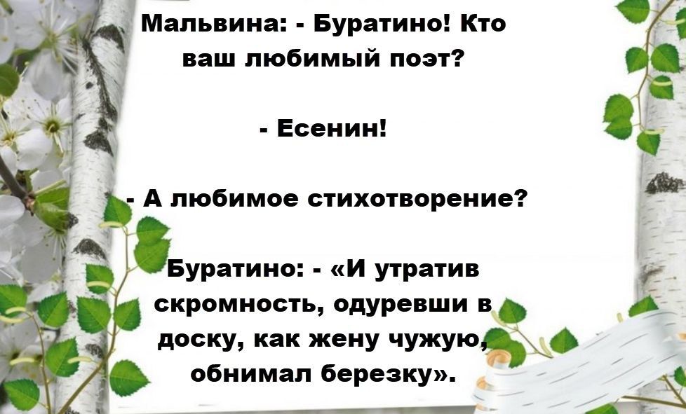 Мальвина: - Буратино! Кто ваш любимый поэт?
 - Есенин!
 - А любимое стихотворение?
 Буратино: - «И утратив скромность, одуревши в доску, как жену чужую, обнимал березку».