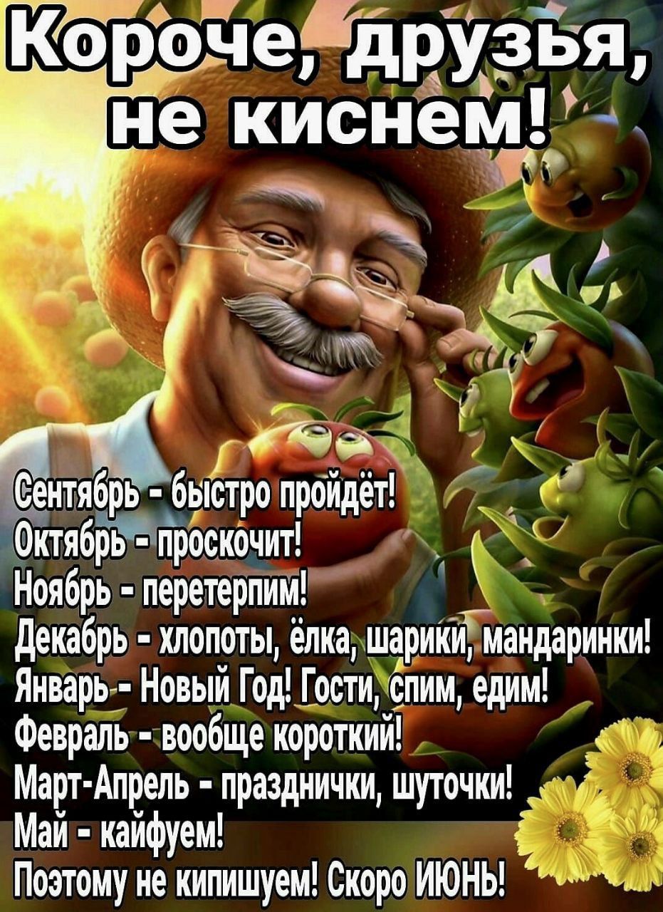 Короче, друзья, не киснем! Сентябрь - быстро пройдет! Октябрь - проскочит! Ноябрь - перетерпим! Декабрь - хлопоты, ёлка, шарики, мандаринки! Январь - Новый Год! Гости, спим, едим! Февраль - вообще короткий! Март-Апрель - празднички, шуточки! Май - кайфуем! Поэтому не киснем! Скоро ИЮНЬ!