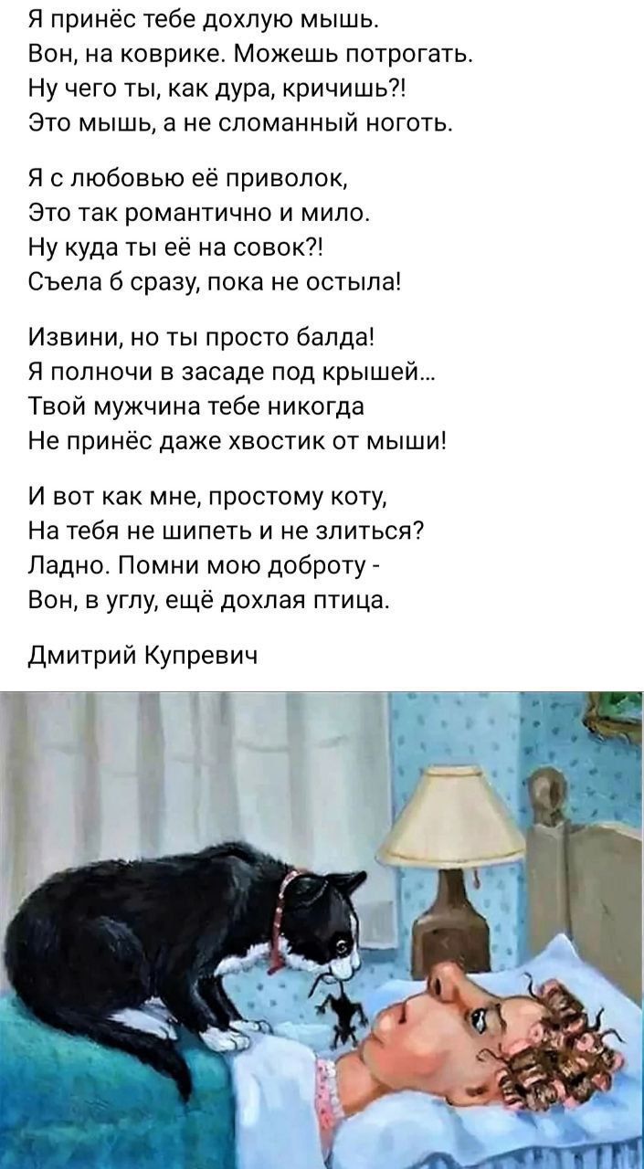 Я принёс тебе дохлую мышь. Вон, на коврике. Можешь поторговать. Ну чего ты, как дура, кричишь?! Это мышь, а не сломанный ноготь.

Я с любовью её приволок, Это так романтично и мило. Ну куда ты её на совок?! Съела б сразу, пока не остыла!

Извини, но ты просто балда! Я полночь в засаде под крышей… Твой мужчина тебе никогда не принёс даже хвостик от мыши!

И вот как мне, простому коту, На тебя не шипеть и не злиться? Ладно. Помни мою доброту - Вон, в углу, ещё дохлая птица.

Дмитрий Купревич