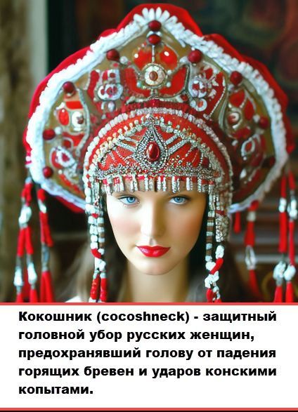Кокошник (cocoshneck) - защитный головной убор русских женщин, предохранявший голову от падения горячих бревен и ударов конскими копытами.
