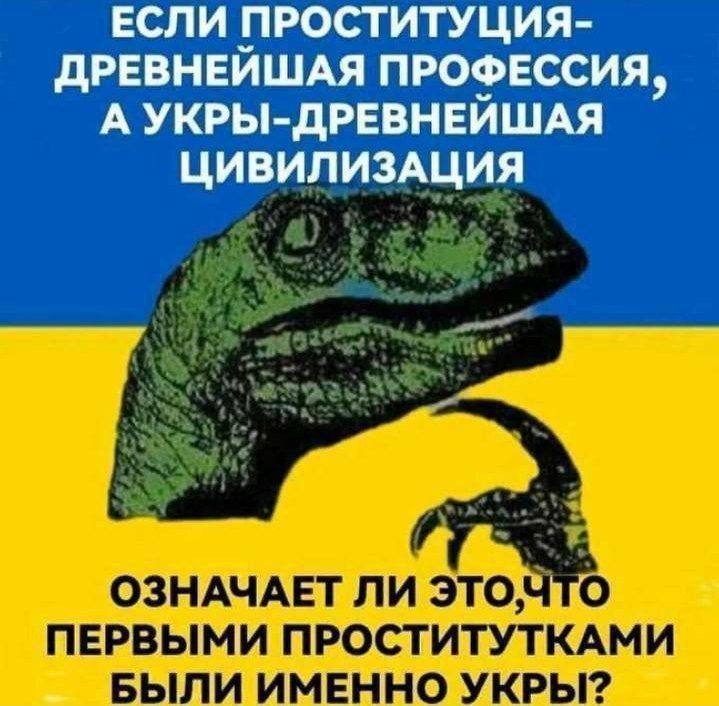 ЕСЛИ ПРОSTITUЦИЯ– ДРЕВНЕЙШАЯ ПРОФЕССИЯ, А УКРЫ– ДРЕВНЕЙШАЯ ЦИВИЛИЗАЦИЯ   ОЗНАЧАЕТ ЛИ ЭТО, ЧТО ПЕРВЫМИ ПРОSTITУТКАМИ БЫЛИ ИМЕННО УКРЫ?