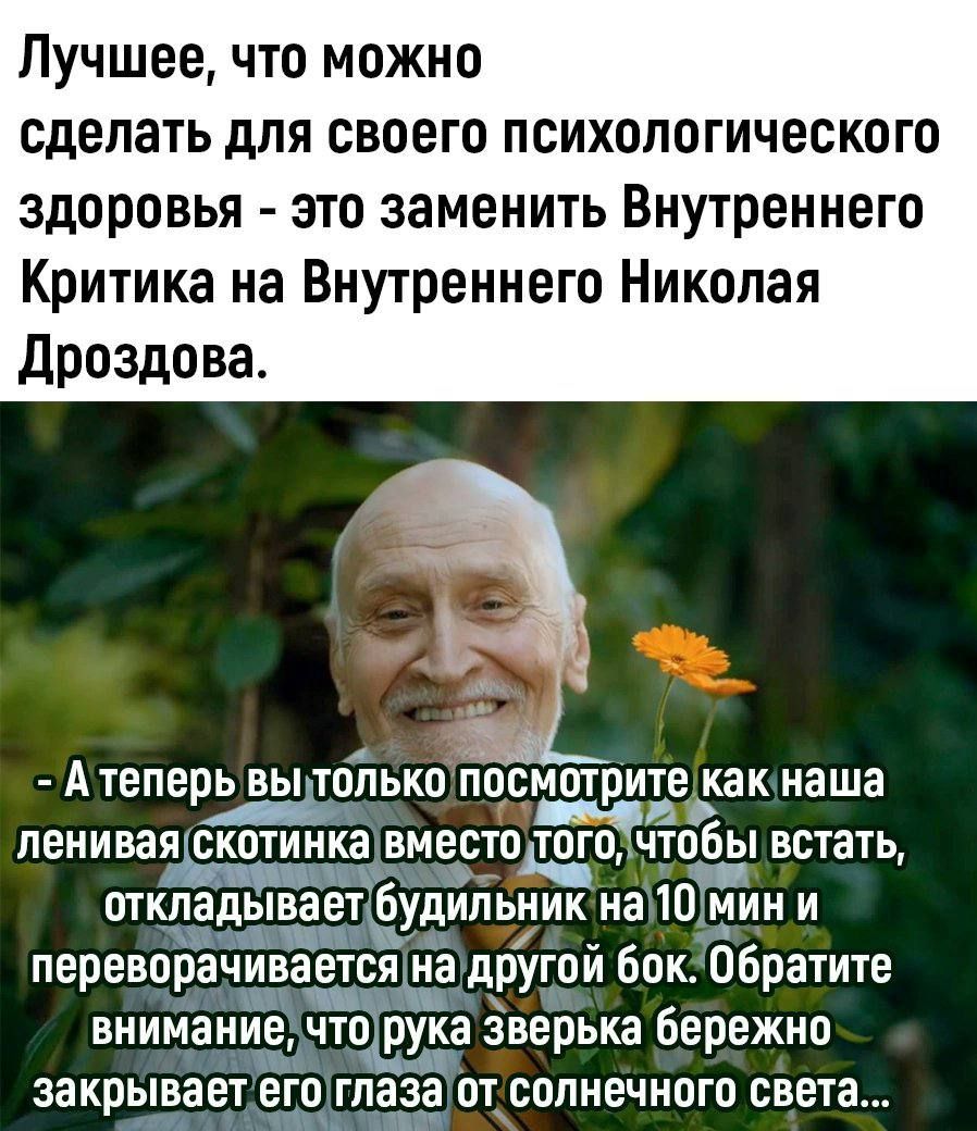 Лучшее, что можно сделать для своего психологического здоровья - это заменить Внутреннего Критика на Внутреннего Николая Дроздова.

- А теперь вы только посмотрите как наша ленивя скотинка вместо того, чтобы встать, откладывает будильник на 10 мин и переворачивается на другой бок. Обратите внимание, что рука зверька бережно закрывает его глаза от солнечного света...