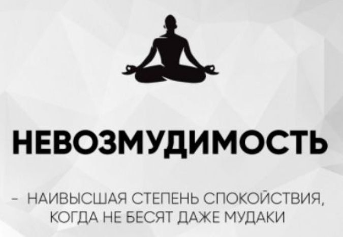 НЕВОЗМУДИМОСТЬ
- НАИВЫСШАЯ СТЕПЕНЬ СПОКОЙСТВИЯ, КОГДА НЕ БЕСИТ ДАЖЕ МУДАКИ