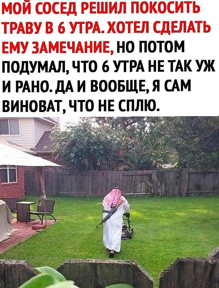 МОЙ СОСЕД РЕШИЛ ПОКОСИТЬ ТРАВУ В 6 УТРА. ХОТЕЛ СДЕЛАТЬ ЕМУ ЗАМЕЧАНИЕ, НО ПОТОМ ПОДУМАЛ, ЧТО 6 УТРА НЕ ТАК УЖ И РАНО. ДА И ВООБЩЕ, Я САМ ВИНОВАТ, ЧТО НЕ СПЛЮ.