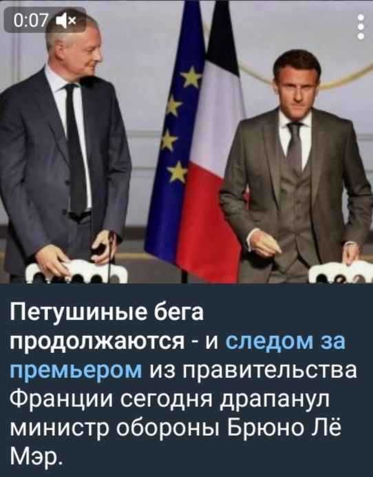 Петушиные бега продолжаются - и следом за премьером из правительства Франции сегодня драпнул министр обороны Брюно Лё Мэр.