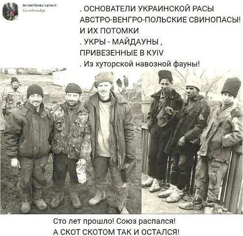 • ОСНОВАТЕЛИ УКРАИНСКОЙ РАСЫ АВСТРО-ВЕНГРО-ПОЛЬСКИЕ СВИНОПАСЫ! И ИХ ПОТОМКИ • УКРЫ - МАЙДАНУЫ, ПРИВЕЗЕННЫЕ В КИЎ • Из хуторской навозной фауны!

СТО ЛЕТ ПРОШЛО! Союз распался! А СКОТ СКОТОМ ТАК И ОСТАЛСЯ!