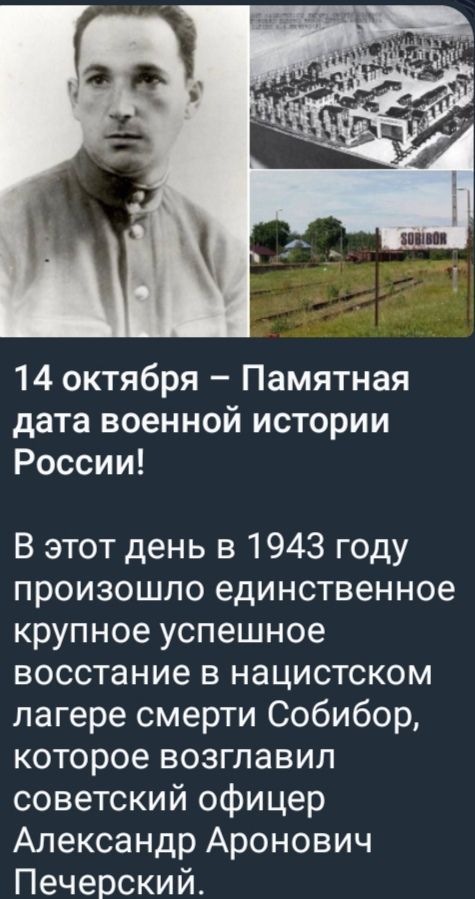 14 октября – Памятная дата военной истории России!

В этот день в 1943 году произошло единственное крупное успешное восстание в нацистском лагере смерти Собибор, которое возглавил советский офицер Александр Аронович Печерский.
