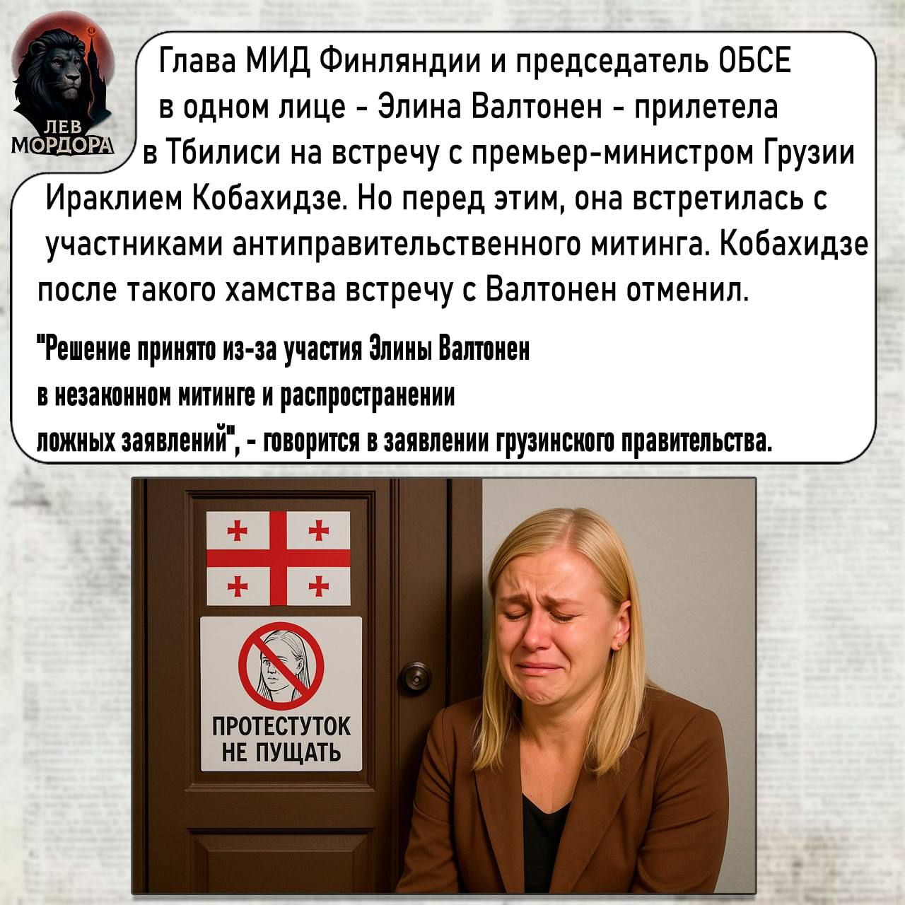 Глава МИД Финляндии и председатель ОБСЕ в одном лице - Элина Валтонен - прилетела в Тбилиси на встречу с премьер-министром Грузии Ираклием Кобахидзе. Но перед этим, она встретилась с участниками антиправительственного митинга. Кобахидзе после такого хамства встречу с Валтонен отменил.

