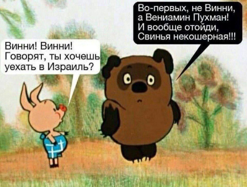 Винни! Винни! Говорят, ты хочешь уехать в Израиль?
Во-первых, не Винни, а Бениамин Пухман! И вообще отходи, свинья некосерная!!!