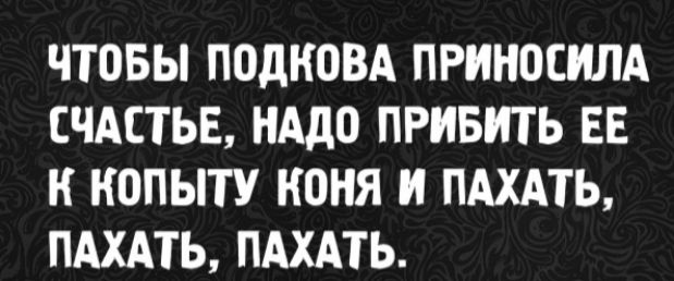 Чтобы подкова приносила счастье, надо прибить ее к копыту коня и пахать, пахать, пахать.