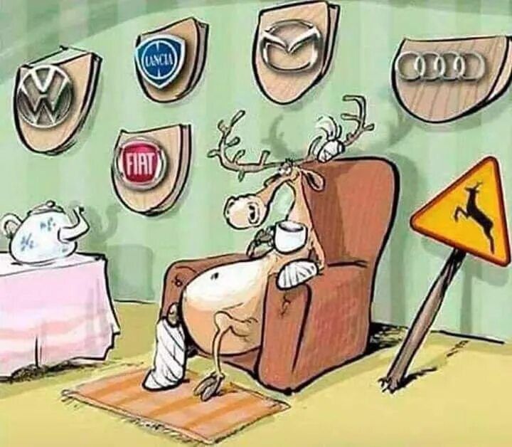 Карикатура: олень с переломом сидит в кресле, вокруг висят знакомые автомобильные логотипы.