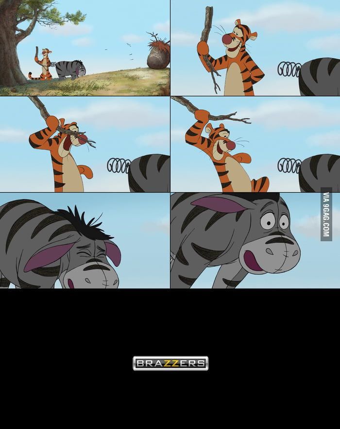 Коллаж из мультяшной сцены с тигром и ослом на пружине, комическая последовательность кадров.