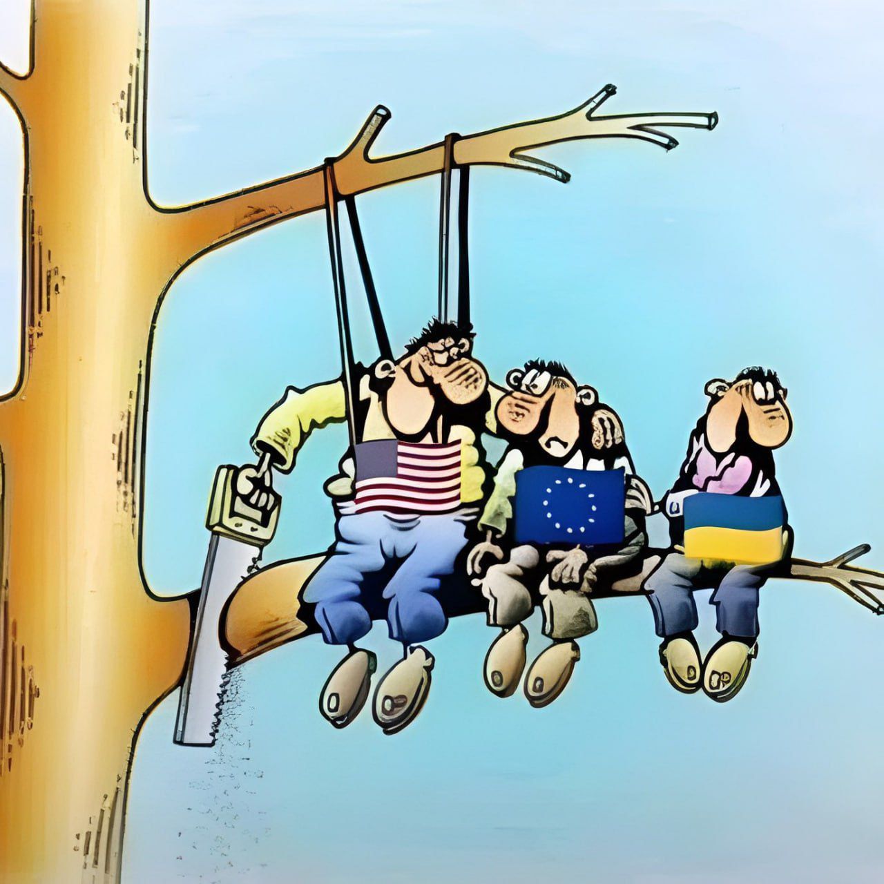 Карикатура: люди сидят на качелях, привязанных к дереву; на одной фигуре виден флаг Евросоюза.