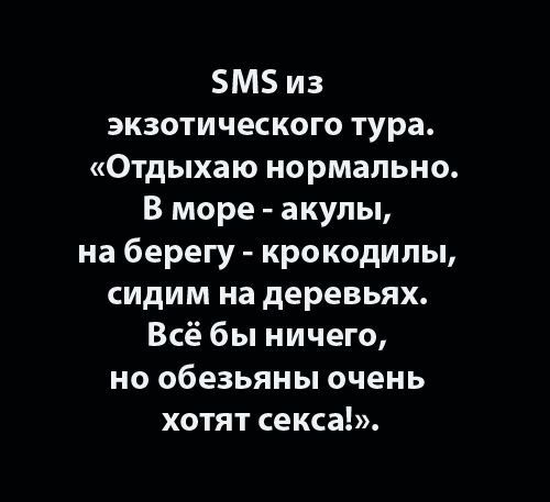 SMS из экзотического тура. «Отдыхаю нормально. В море - акулы, на берегу - крокодилы, сидим на деревьях. Всё бы ничего, но обезьяны очень хотят секса!»