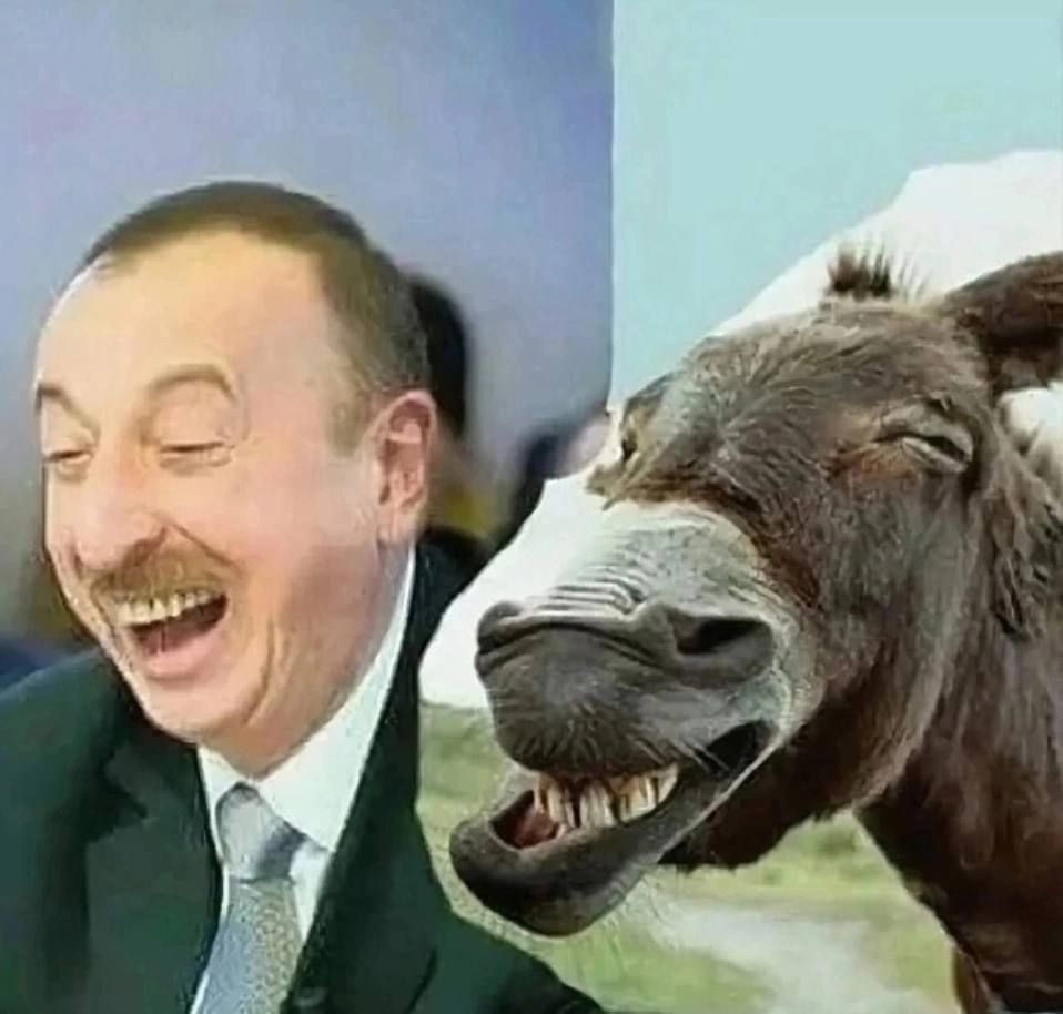 Человек в костюме смеётся рядом с улыбчивой лошадью.