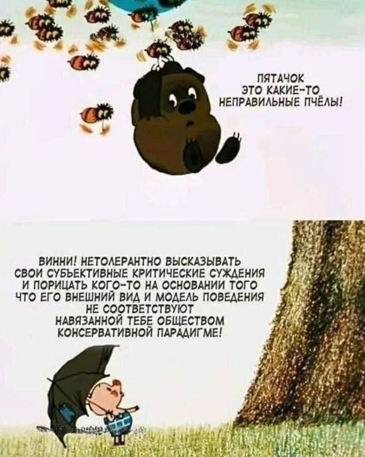 Пятачок: Это какие‑то неправильные пчёлы!\nВинни! НЕТтолерантно высказывать свои объективные критические суждения и порочить кого‑то на основании того что его внешний вид и поведение навязаны тебе обществом консервативной парадигме!