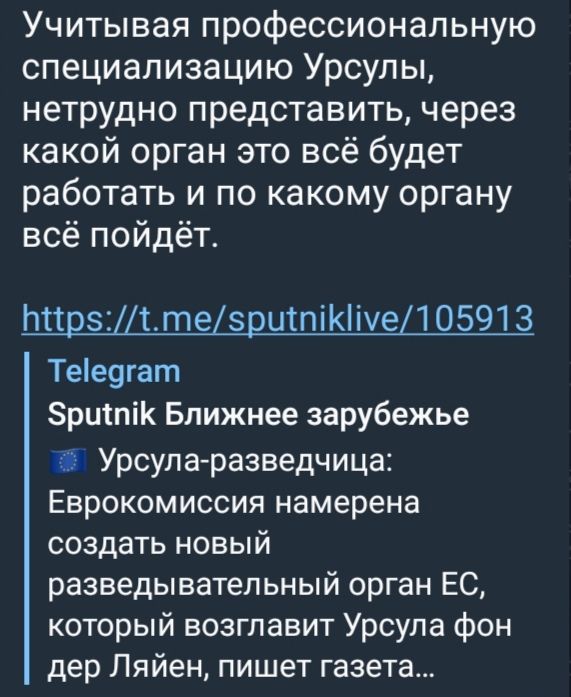 Учитывая профессиональную специализацию Урсулы, нетрудно представить, через какой орган это всё будет работать и по какому органу всё пойдёт. Telegram Sputnik Ближнее зарубежье Урсула-разведчица: Еврокомиссия намерена создать новый разведывательный орган ЕС, который возглавит Урсула фон дер Ляйен, пишет газета…
