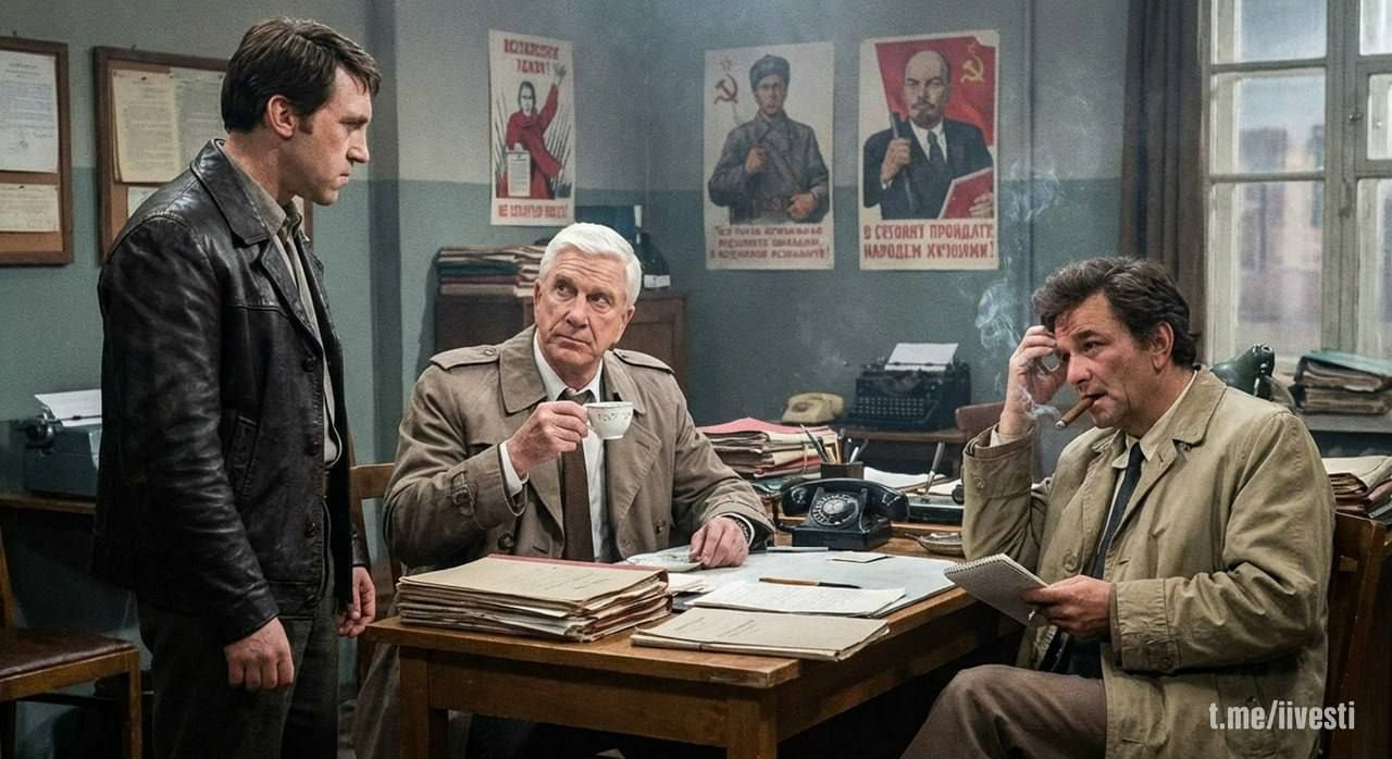 Сцена в офисе, три мужчины в костюмах, на стенах портреты и постеры, рабочие бумаги на столе.