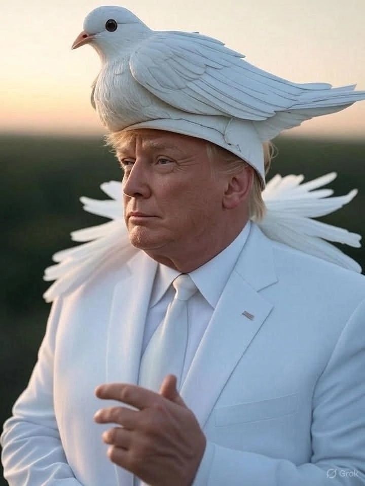 Политик в белом костюме с голубем на голове
