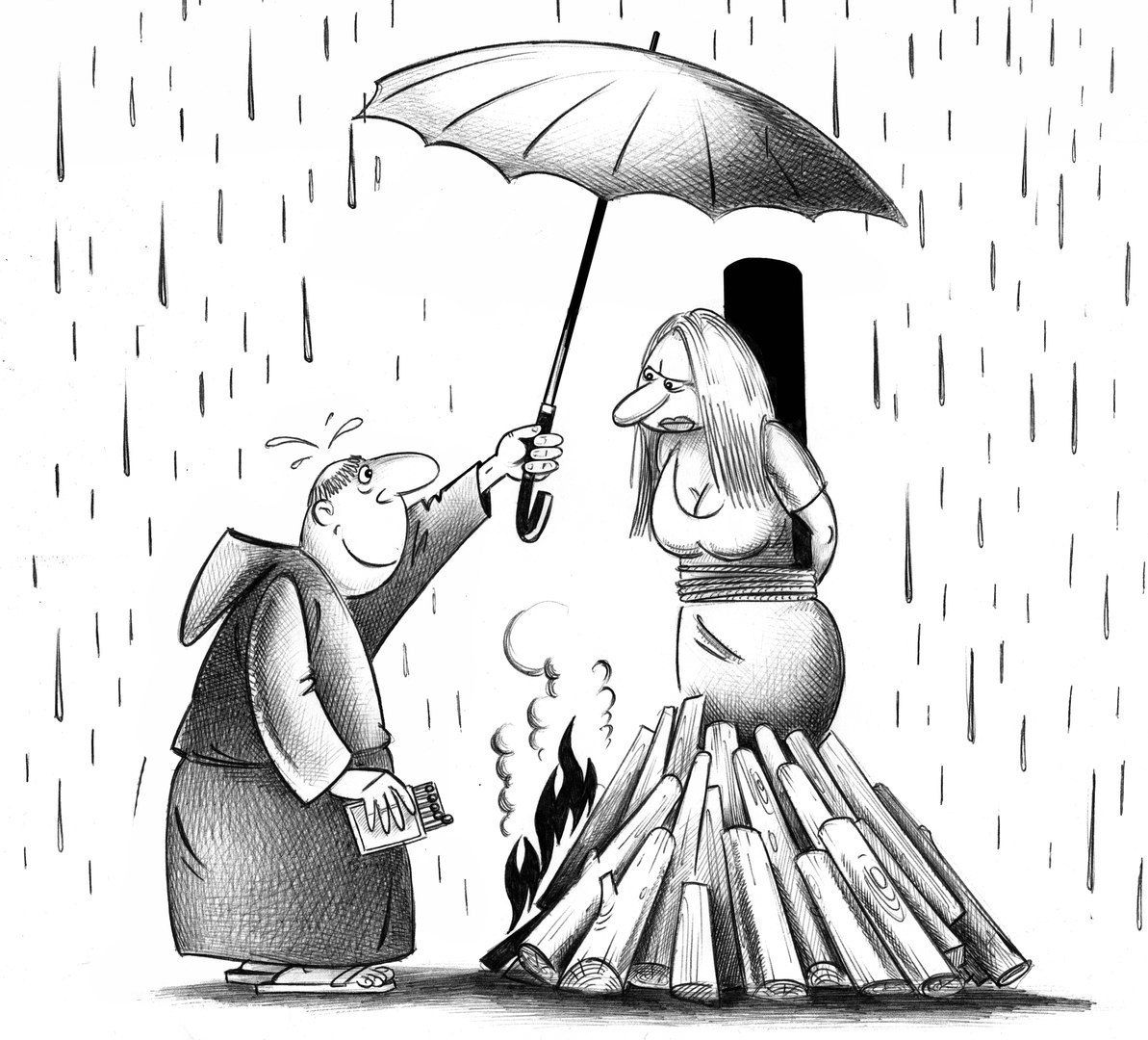 Карикатура: мужчина держит зонтик над женщиной у костра в дождливую сцену