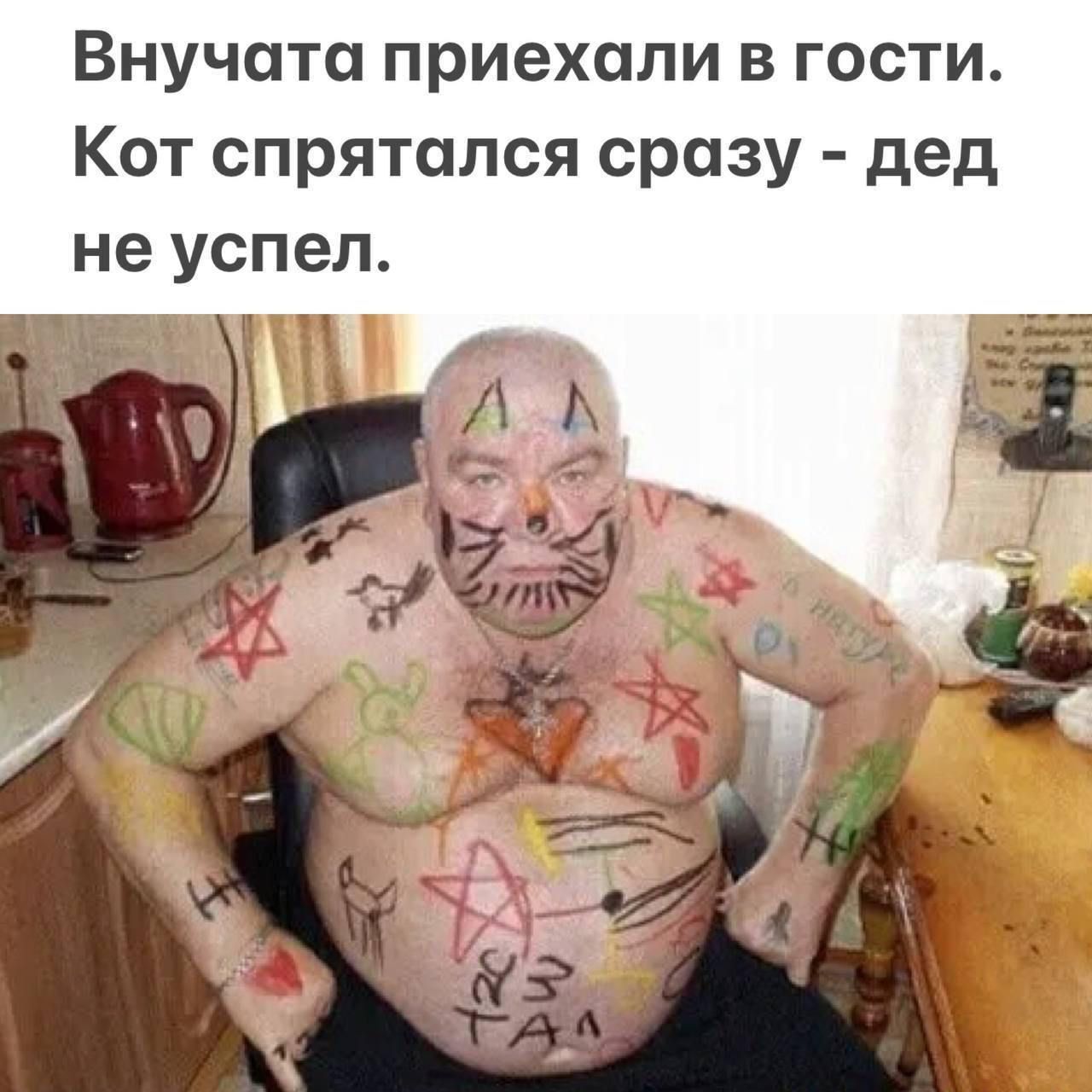 Внугчата приехали в гости. Кот спрятался сразу - дед не успел.