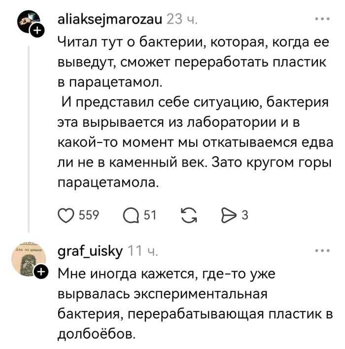 Читал тут о бактерии, которая, когда её выведут, сможет переработать пластик в парацетамол. И представил себе ситуацию, бактерия эта вырывается из лаборатории и в какой-то момент мы откинемся едва ли не в каменный век. Зато вокруг горы парацетамола. 
Мне иногда кажется, где-то уже вырасталась экспериментальная бактерия, перерабатывающая пластик в долбоёв.