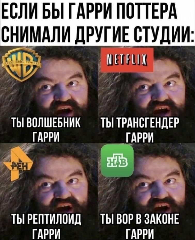 ЕСЛИ БЫ ГАРРИ ПОТТЕРА СНИМАЛИ ДРУГИЕ СТУДИИ:
ТЫ ВОЛШЕБНИК ГАРРИ
ТЫ ТРАНСГЕНДЕР ГАРРИ
ТЫ РЕПТИЛОИД ГАРРИ
ТЫ ВОР В ЗАКОНЕ ГАРРИ