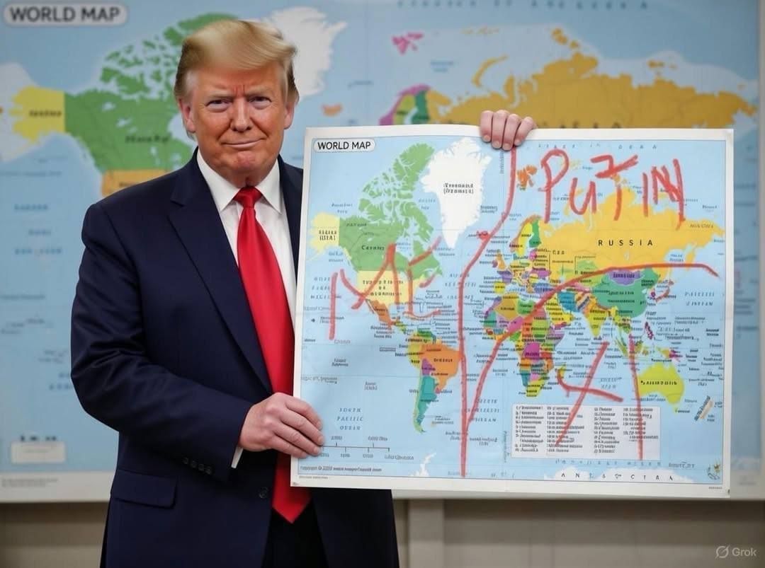 WORLD MAP; на карте крупно написано PUTIN.