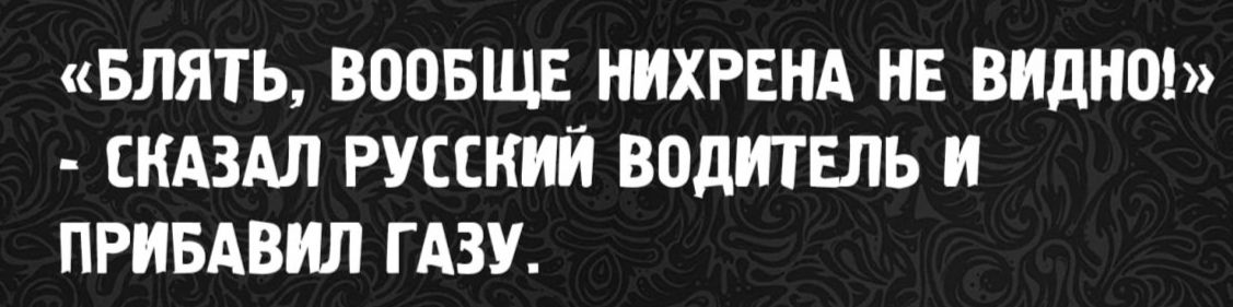 «БЛЯТЬ, ВООБЩЕ НИХРЕНА НЕ ВИДНО!» - «СКАЗАЛ РУССКИЙ ВОДИТЕЛЬ И ПРИБАВИЛ ГАЗУ.»