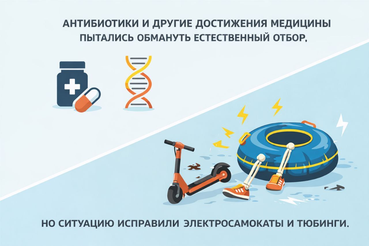 АНТИБИОТИКИ И ДРУГИЕ ДОСТИЖЕНИЯ МЕДИЦИНЫ ПОПЫТАЛИСЬ ОБМАНУТЬ ЕСТЕСТВЕННЫЙ ОТБОР, НО СИТУАЦИЮ ИСПРАВИЛИ ЭЛЕКТРОСАМОКАТЫ И ТЮБИНГИ.