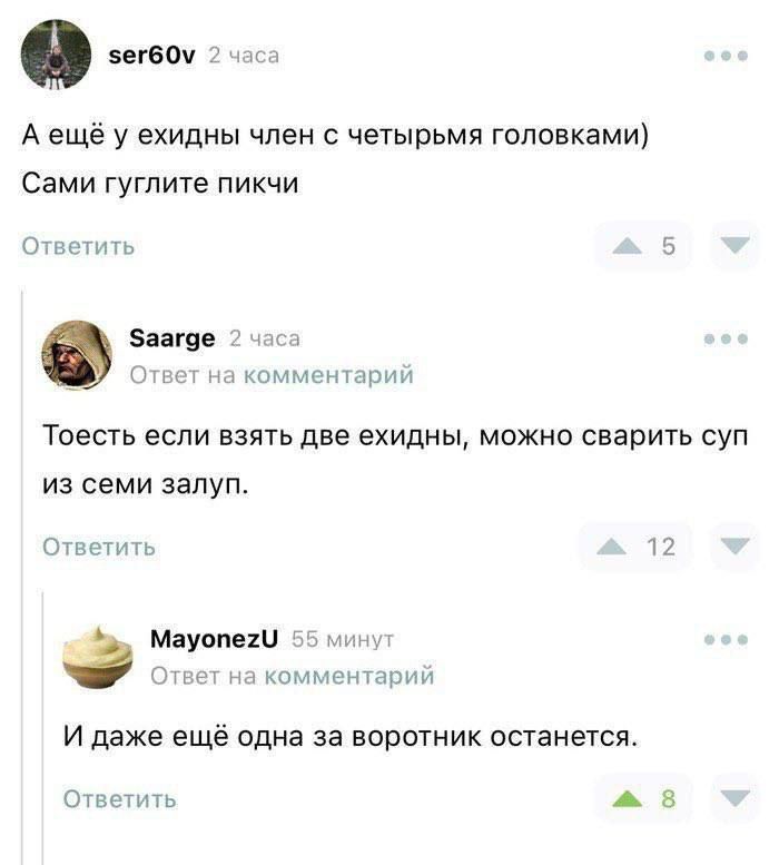 А ещё у ехидны член с четырьмя головками) Сами гуглите пикчи
Toест если взять две ехидны, можно сварить суп из семи залуп.
И даже ещё одна за воротник останется.