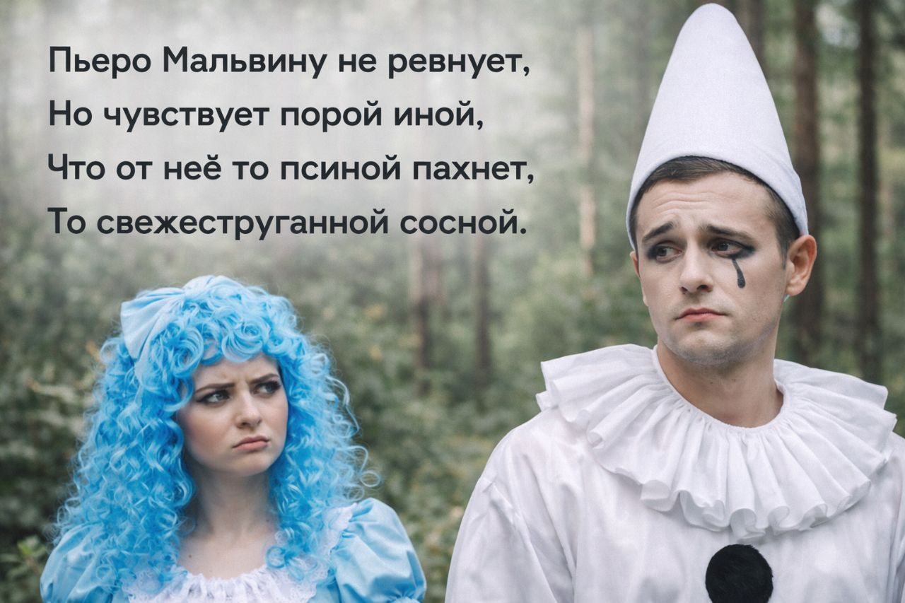 Пьеро Малвину не рвеннет, Но чувствует порой иной, Что от неё то пиной пахнет, То свежеструганной сосной.