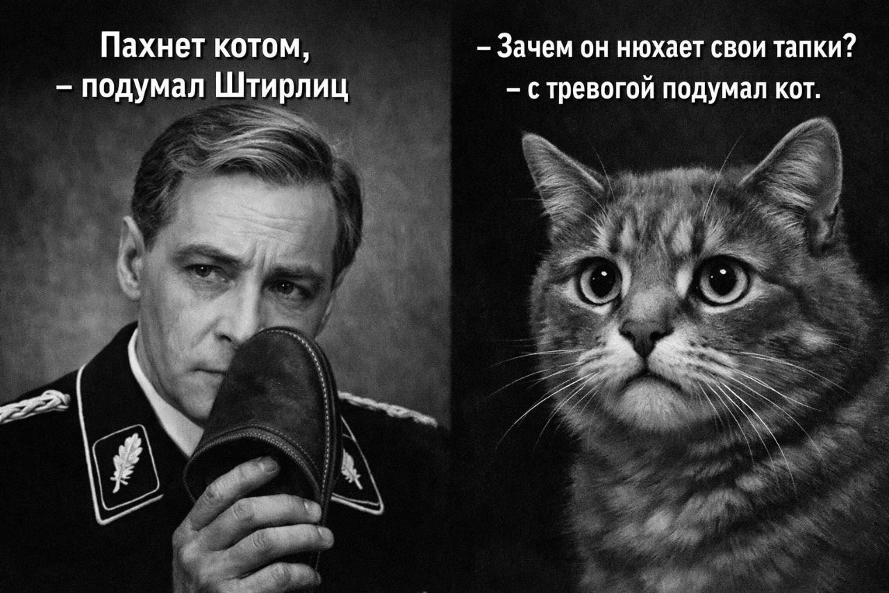 Пахнет котом, — подумал Штирлиц
– Зачем он нюхает свои тапки? - с тревогой подумал кот.