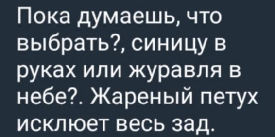 Пока думаешь, что выбрать?, синицу в руках или журавля в небе?. Жареный петух исключает весь зад.