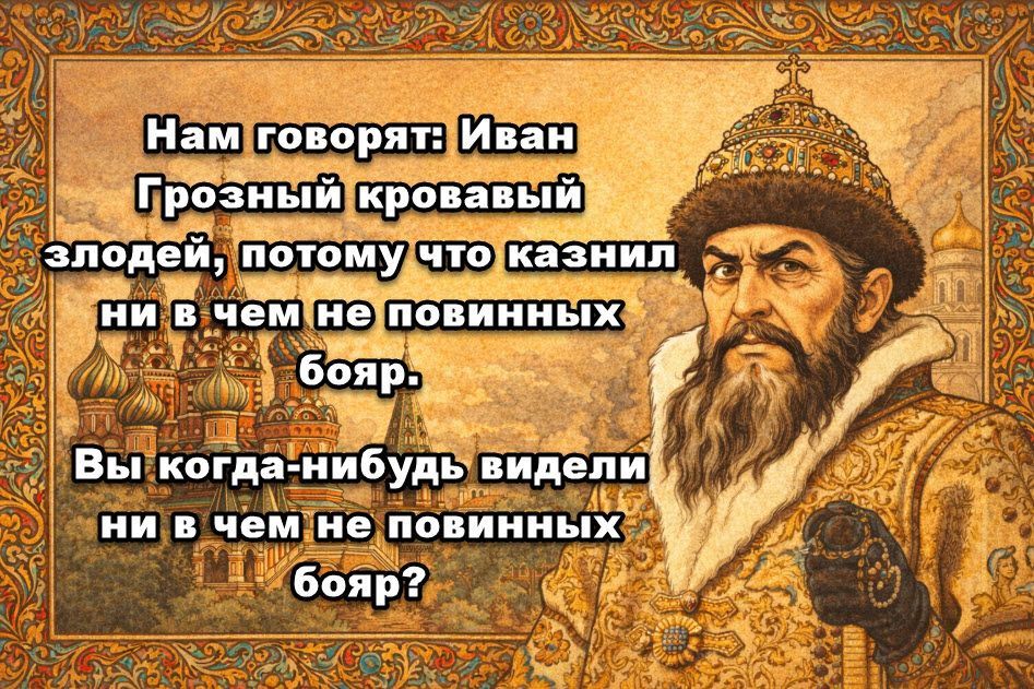 Нам говорят: Иван Грозный кровавый злодей, потому что казнил ни в чем не повинных бояр. Вы когда-нибудь видели ни в чем не повинных бояр?