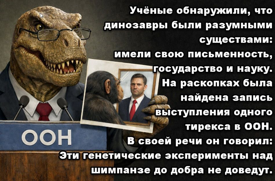 Учёные обнаружили, что динозавры были разумными существами: имели свою письменность, государство и науку. На раскопках была найдена запись выступления одного ти-рекса в ООН. В своей речи он говорил: Эти генетические эксперименты над шимпанзе до добра не доведут.