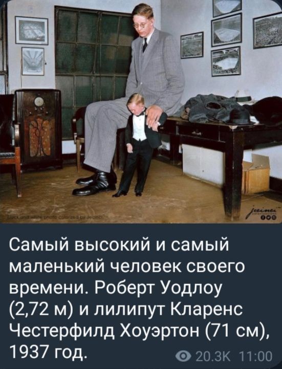 Самый высокий и самый маленький человек своего времени. Роберт Уодлоу (2,72 м) и лилипуп Клиаренс Честерфилд Хоузертон (71 см), 1937 год.