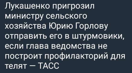 Лукашенко пригрозил министру сельского хозяйства Юрию Горлову отправить его в штурмовики, если глава ведомства не построит профилакторий для телят — ТАСС